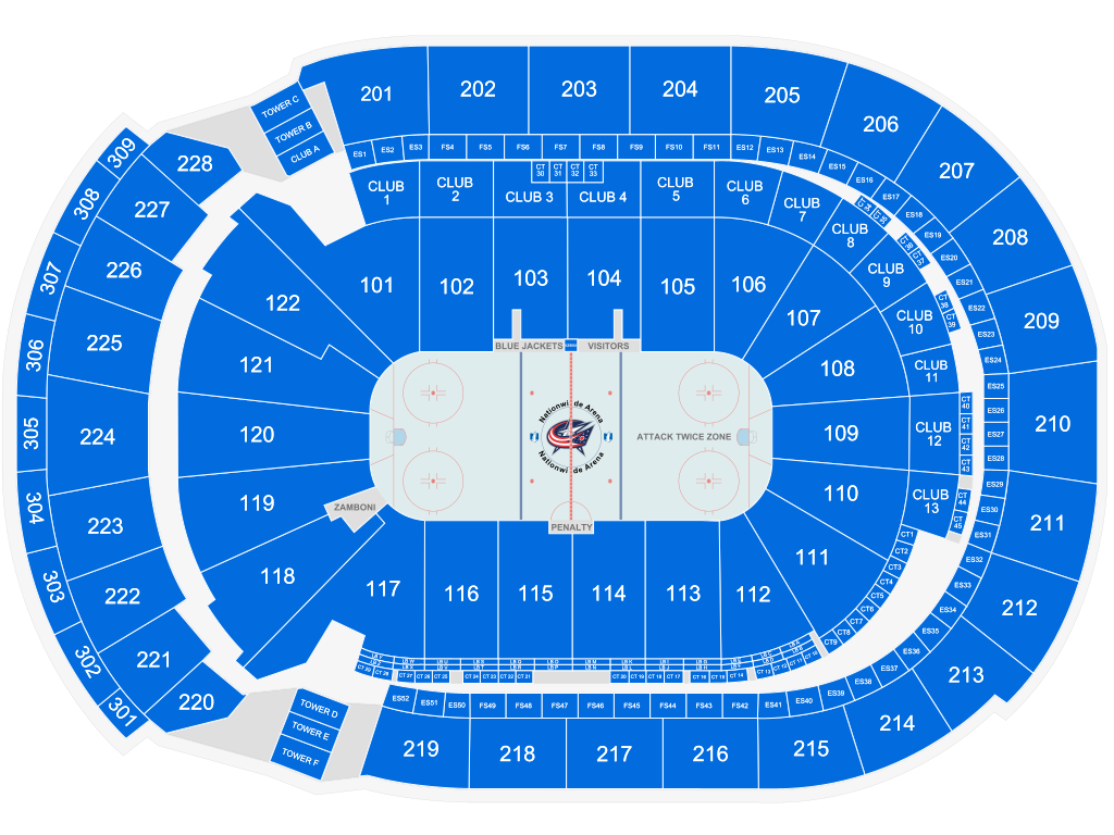 Venue seating chart for Columbus Blue Jackets for reference only