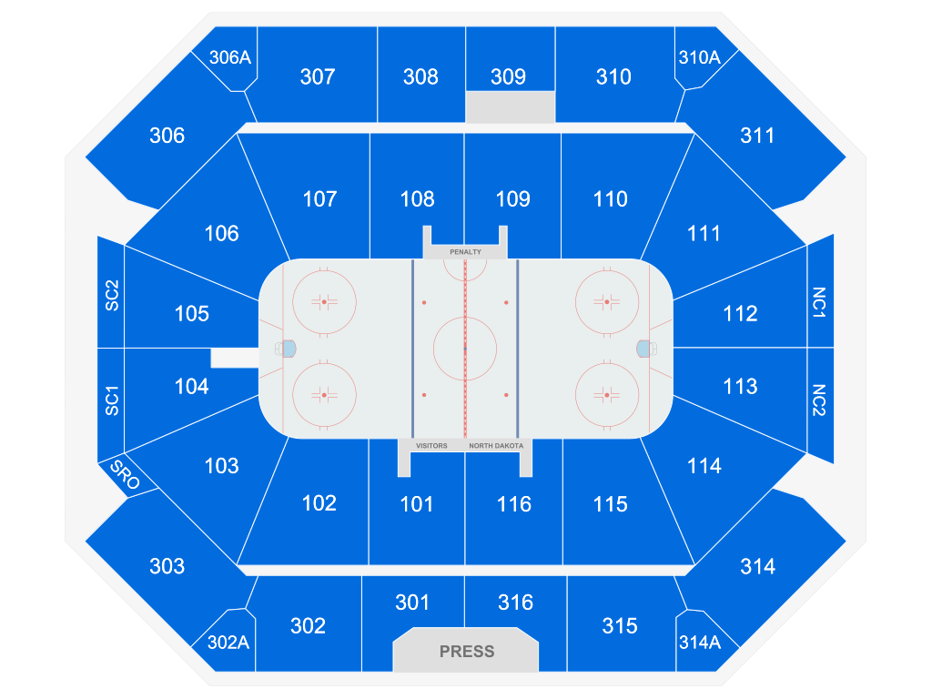 Venue seating chart for University of North Dakota Mens Hockey for reference only
