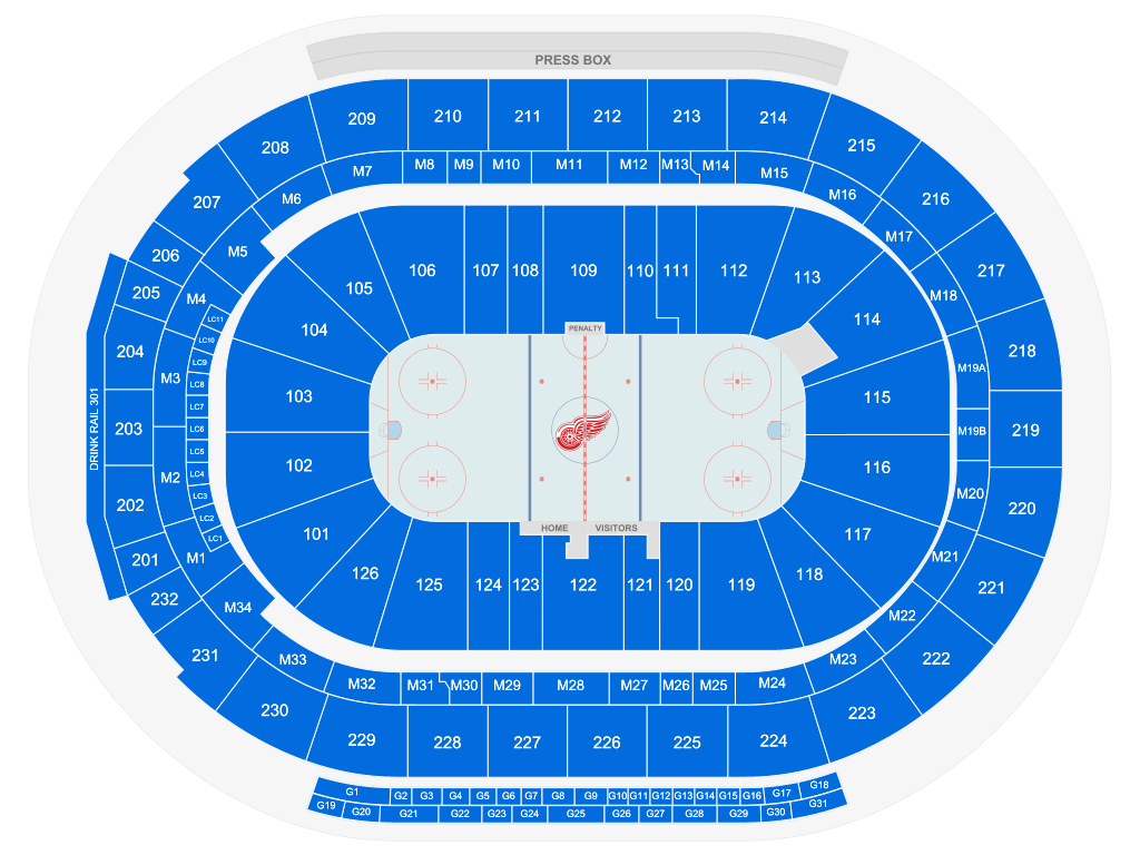 Venue seating chart for Detroit Red Wings for reference only