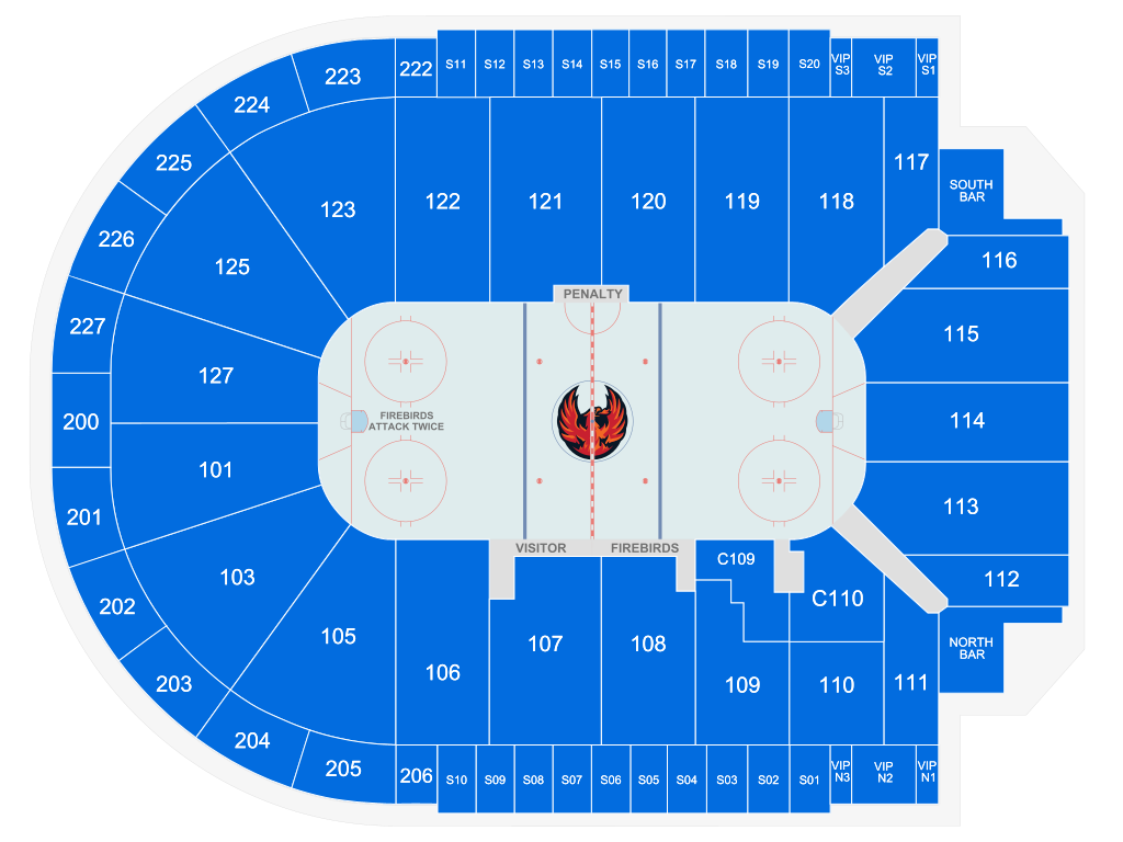 Venue seating chart for Coachella Valley Firebirds for reference only