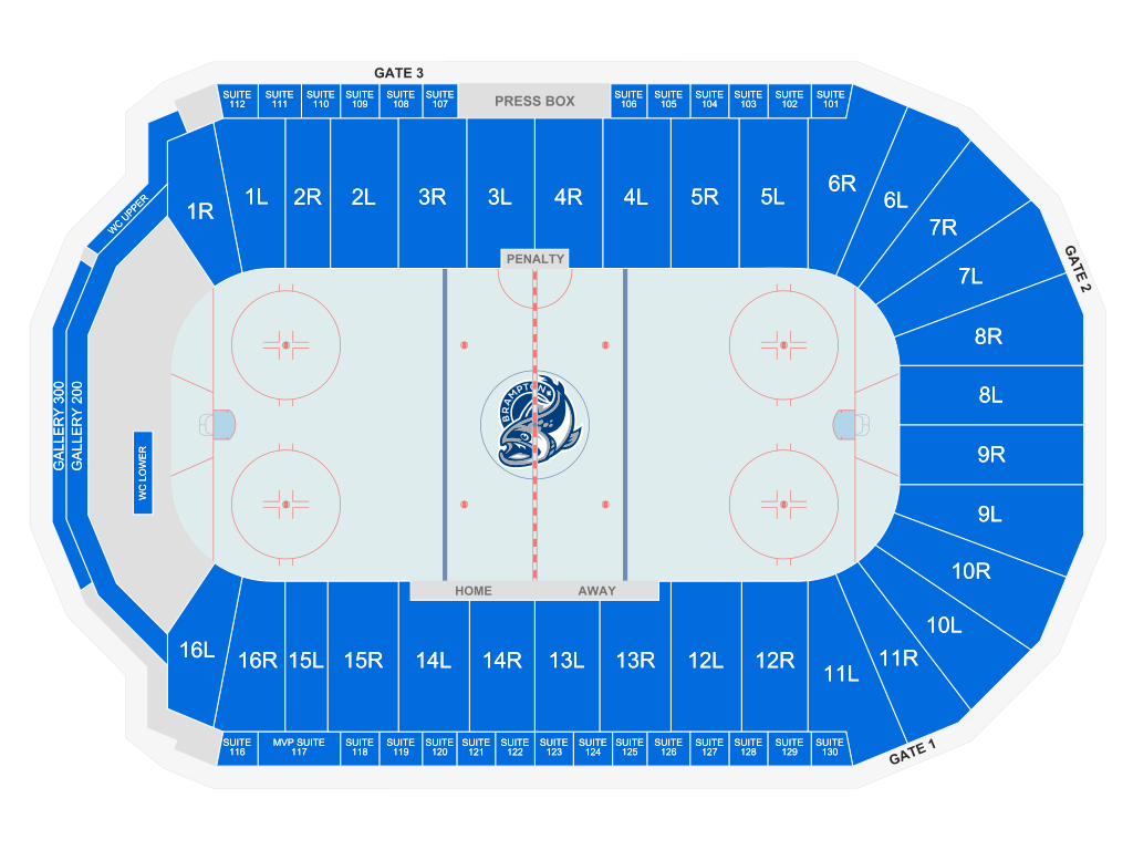 Venue seating chart for Brampton Steelheads for reference only