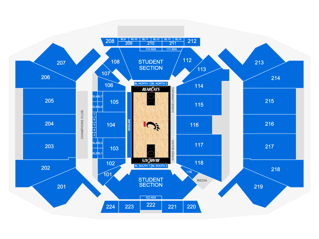 Venue seating chart for Cincinnati Bearcats Mens Basketball for reference only