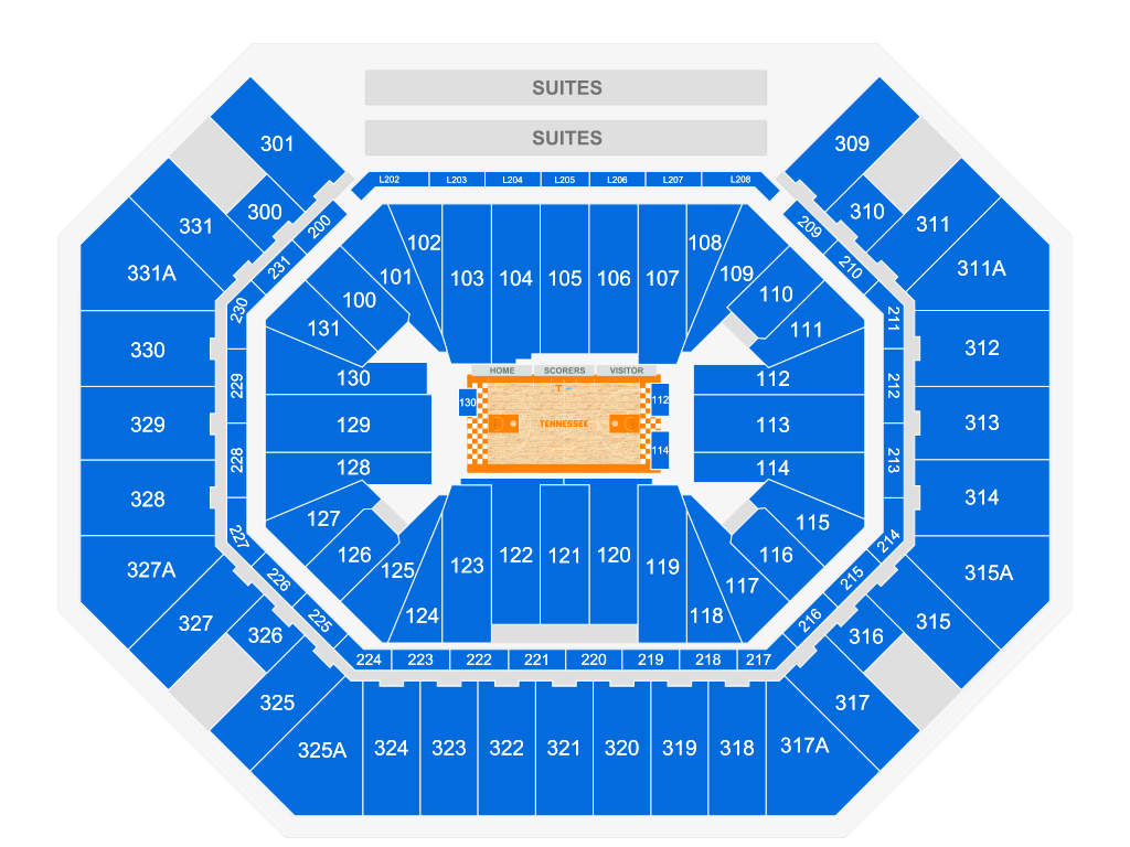 Venue seating chart for Tennessee Lady Volunteers Women's Basketball for reference only