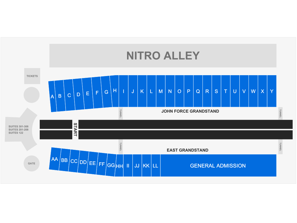 Venue seating chart for NHRA : National Hot Rod Association for reference only